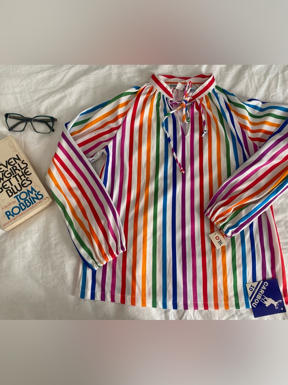 Vintage Rainbow Stripe Retro Top/Blouse by Caribou with sweet ribbon tie at neck